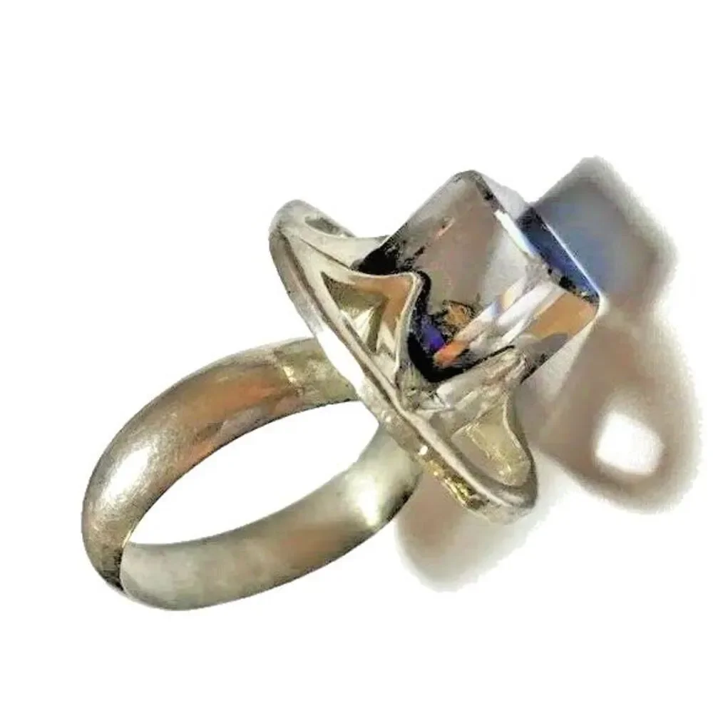 Vintage Silver Tone Blue Coated Glass Cube Ring Adjustable Band Size 7.25